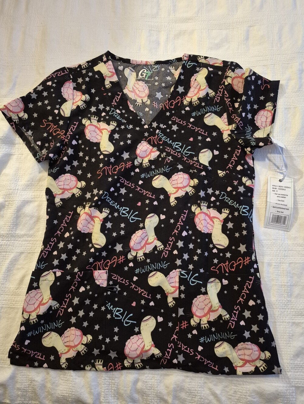 Green Town Performance women's size Small black scrub top turtle design NWT